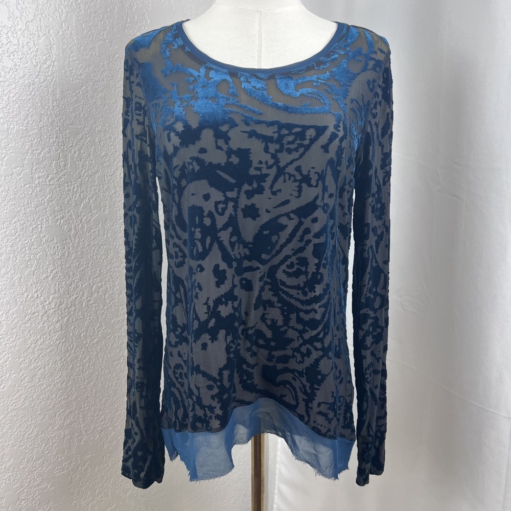 Y2K Fairy Velvet Burnout Top Womens Medium Blue‎ Sheer Mesh Floral Whimsigoth